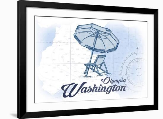 Olympia, Washington - Beach Chair and Umbrella - Blue - Coastal Icon-Lantern Press-Framed Art Print