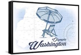 Olympia, Washington - Beach Chair and Umbrella - Blue - Coastal Icon-Lantern Press-Framed Stretched Canvas