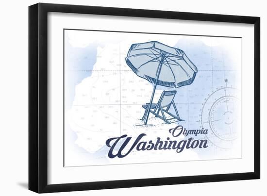 Olympia, Washington - Beach Chair and Umbrella - Blue - Coastal Icon-Lantern Press-Framed Art Print