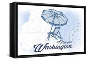 Olympia, Washington - Beach Chair and Umbrella - Blue - Coastal Icon-Lantern Press-Framed Stretched Canvas