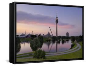 Olympiapark and Olympiaturm at Dusk, Munich, Bavaria, Germany, Europe-Gary Cook-Framed Stretched Canvas