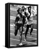 Olympic Games in Los Angeles, 1984 : American Evelyn Ashford Winning the 100M, on R : Heather Oaks-null-Framed Stretched Canvas