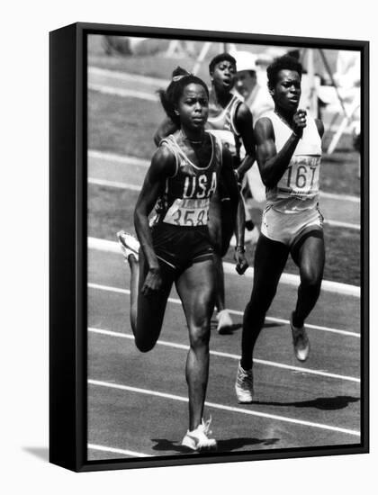 Olympic Games in Los Angeles, 1984 : American Evelyn Ashford Winning the 100M, on R : Heather Oaks-null-Framed Stretched Canvas