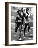 Olympic Games in Los Angeles, 1984 : American Evelyn Ashford Winning the 100M, on R : Heather Oaks-null-Framed Photo