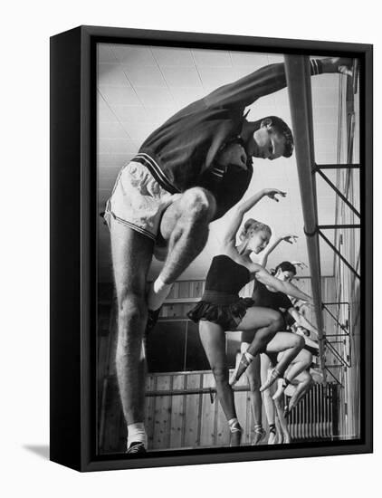 Olympic High Jumper Walter Davis Doing Ballet Exercises in Class of Women Dancers-John Dominis-Framed Stretched Canvas
