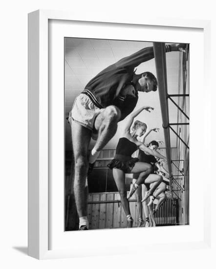 Olympic High Jumper Walter Davis Doing Ballet Exercises in Class of Women Dancers-John Dominis-Framed Premium Photographic Print