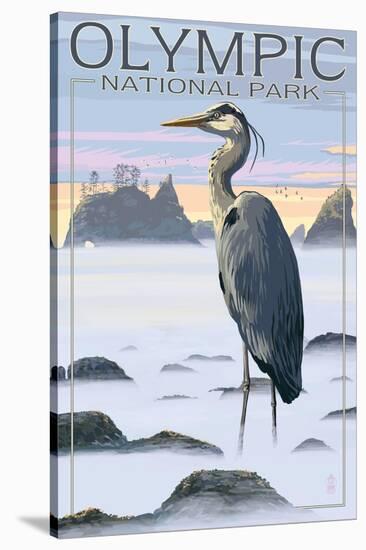 Olympic National Park - Heron and Fog Shorline-Lantern Press-Stretched Canvas