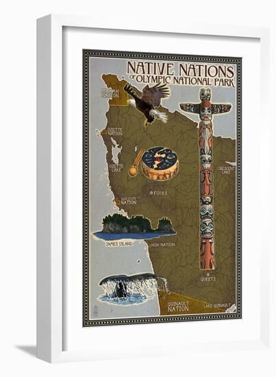 Olympic National Park - Map of Native Tribes-Lantern Press-Framed Art Print