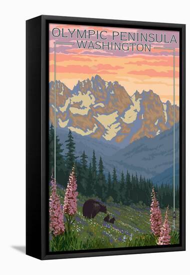 Olympic Peninsula, Washington - Bears and Spring Flowers-Lantern Press-Framed Stretched Canvas