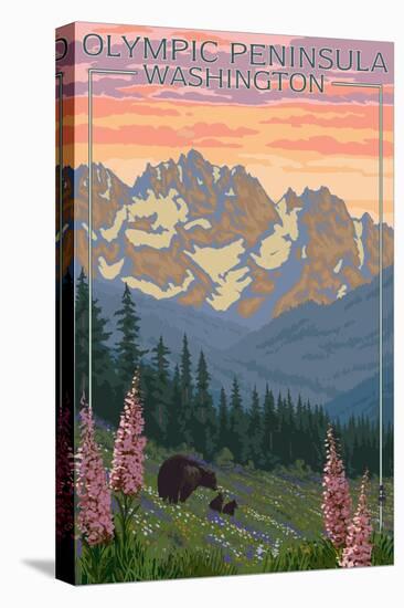 Olympic Peninsula, Washington - Bears and Spring Flowers-Lantern Press-Stretched Canvas