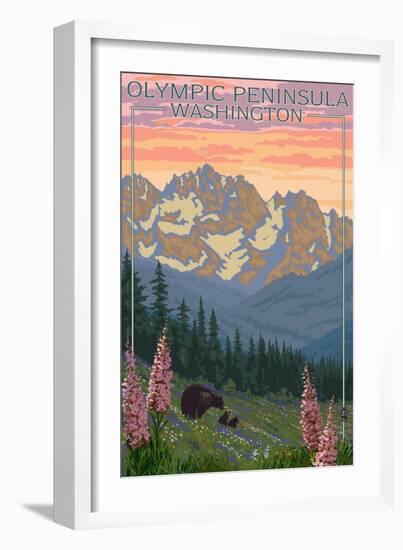 Olympic Peninsula, Washington - Bears and Spring Flowers-Lantern Press-Framed Art Print