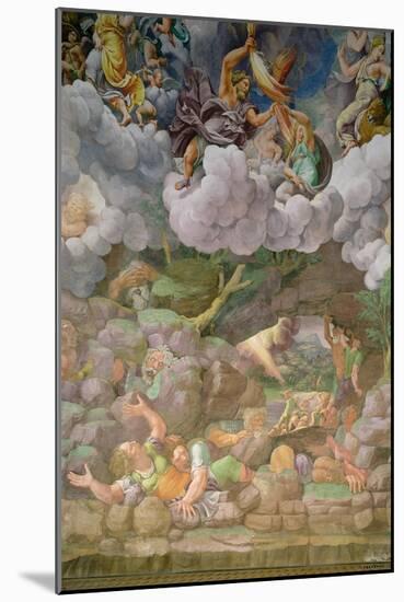 Olympus and Zeus Destroying the Rebellious Giants, Walls of the Sala Dei Giganti, 1530-32-Giulio Romano-Mounted Giclee Print