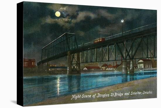 Omaha, Nebraska, View of the Douglas Street Bridge and Smelter at Night-Lantern Press-Stretched Canvas