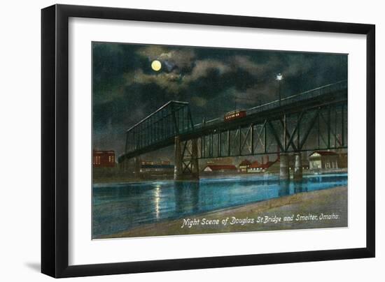 Omaha, Nebraska, View of the Douglas Street Bridge and Smelter at Night-Lantern Press-Framed Art Print