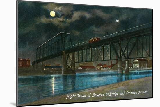 Omaha, Nebraska, View of the Douglas Street Bridge and Smelter at Night-Lantern Press-Mounted Art Print