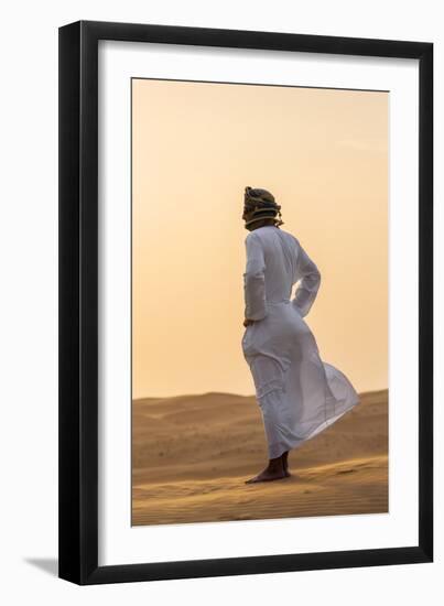 Oman, Wahiba Sands. an Omani Guide Enjoys the Sunset on Sand Dunes in Wahiba Sands.-Nigel Pavitt-Framed Photographic Print