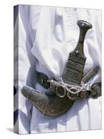 Omani Men Wear Traditional Long White Robes, Ceremonial Khanjar on Al Jabal Al Akhdar-John Warburton-lee-Stretched Canvas