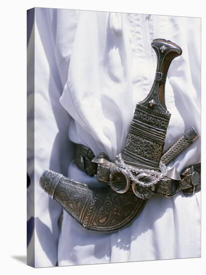 Omani Men Wear Traditional Long White Robes, Ceremonial Khanjar on Al Jabal Al Akhdar-John Warburton-lee-Stretched Canvas