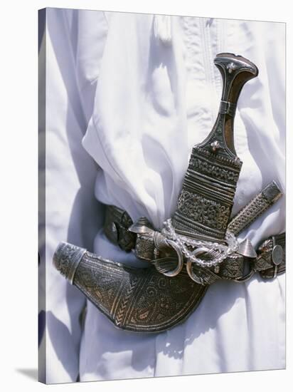 Omani Men Wear Traditional Long White Robes, Ceremonial Khanjar on Al Jabal Al Akhdar-John Warburton-lee-Stretched Canvas
