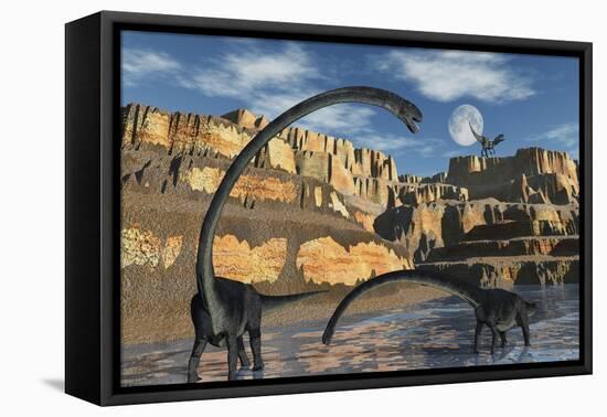 Omeisaurus Dinosaurs Being Stalked by a Carnivorous Predator-null-Framed Stretched Canvas