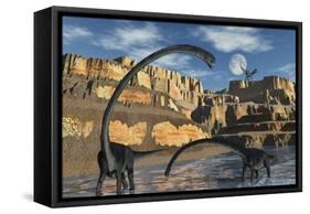 Omeisaurus Dinosaurs Being Stalked by a Carnivorous Predator-null-Framed Stretched Canvas