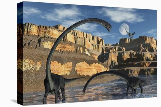 Omeisaurus Dinosaurs Being Stalked by a Carnivorous Predator-null-Stretched Canvas