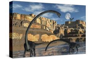 Omeisaurus Dinosaurs Being Stalked by a Carnivorous Predator-null-Stretched Canvas