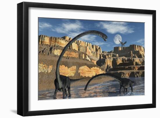 Omeisaurus Dinosaurs Being Stalked by a Carnivorous Predator-null-Framed Art Print