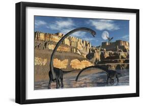 Omeisaurus Dinosaurs Being Stalked by a Carnivorous Predator-null-Framed Art Print