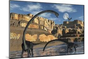 Omeisaurus Dinosaurs Being Stalked by a Carnivorous Predator-null-Mounted Art Print