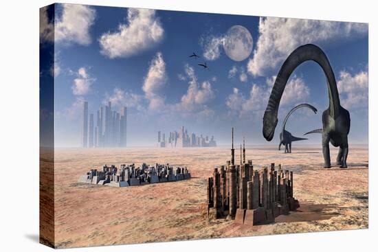 Omeisaurus Dinosaurs Come into Contact with an Advanced Prehistoric Civilization-null-Stretched Canvas