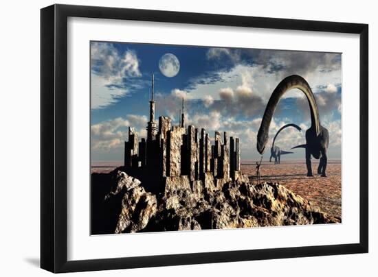 Omeisaurus Dinosaurs Come into Contact with an Advanced Prehistoric Civilization-null-Framed Art Print