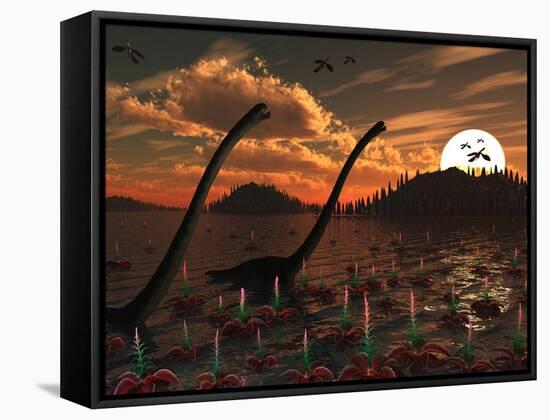 Omeisaurus Dinosaurs Roam Freely in a Freshwater Lake-Stocktrek Images-Framed Stretched Canvas