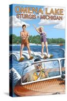 Omena Lake - Sturgis, Michigan - Water Skiing and Wooden Boat-Lantern Press-Stretched Canvas