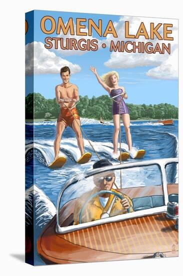 Omena Lake - Sturgis, Michigan - Water Skiing and Wooden Boat-Lantern Press-Stretched Canvas