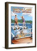 Omena Lake - Sturgis, Michigan - Water Skiing and Wooden Boat-Lantern Press-Framed Art Print