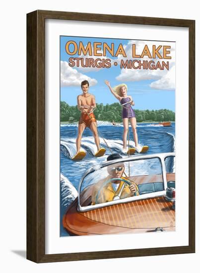 Omena Lake - Sturgis, Michigan - Water Skiing and Wooden Boat-Lantern Press-Framed Art Print