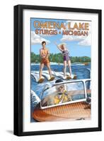 Omena Lake - Sturgis, Michigan - Water Skiing and Wooden Boat-Lantern Press-Framed Art Print