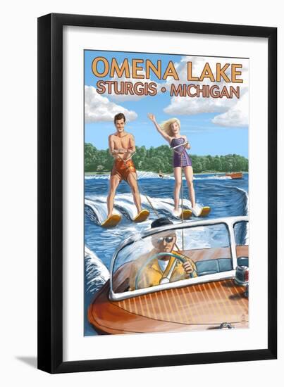 Omena Lake - Sturgis, Michigan - Water Skiing and Wooden Boat-Lantern Press-Framed Art Print