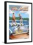 Omena Lake - Sturgis, Michigan - Water Skiing and Wooden Boat-Lantern Press-Framed Art Print