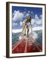 On-surfboard View of a Female Surfer-null-Framed Premium Photographic Print