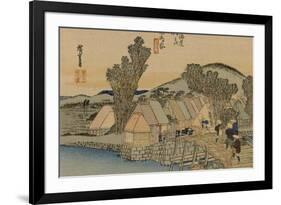 On the Bridge Two Servants Carrying a Covered Carrying Case-Utagawa Hiroshige-Framed Premium Giclee Print