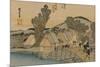 On the Bridge Two Servants Carrying a Covered Carrying Case-Utagawa Hiroshige-Mounted Premium Giclee Print