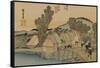 On the Bridge Two Servants Carrying a Covered Carrying Case-Utagawa Hiroshige-Framed Stretched Canvas