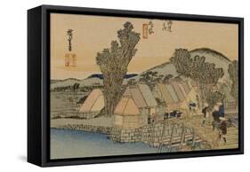 On the Bridge Two Servants Carrying a Covered Carrying Case-Utagawa Hiroshige-Framed Stretched Canvas