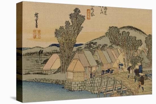 On the Bridge Two Servants Carrying a Covered Carrying Case-Utagawa Hiroshige-Stretched Canvas