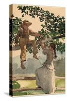 On the Fence. Dated: 1878. Dimensions: sheet: 28.5 × 22 cm (11 1/4 × 8 11/16 in.). Medium: water...-Winslow Homer-Stretched Canvas