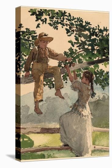 On the Fence. Dated: 1878. Dimensions: sheet: 28.5 × 22 cm (11 1/4 × 8 11/16 in.). Medium: water...-Winslow Homer-Stretched Canvas