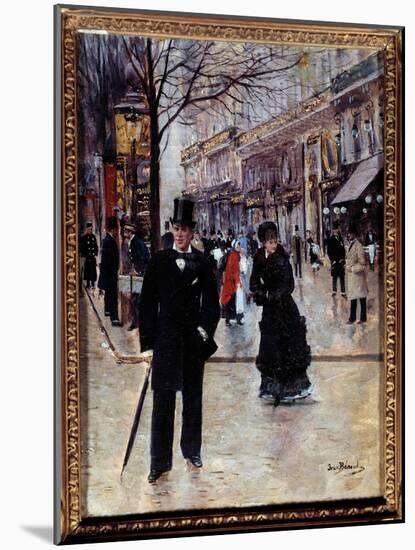 On the Parisian Boulevard Scene on the Parisian Grands Boulevards at the Belle Epoque. on the Left,-Jean Beraud-Mounted Giclee Print