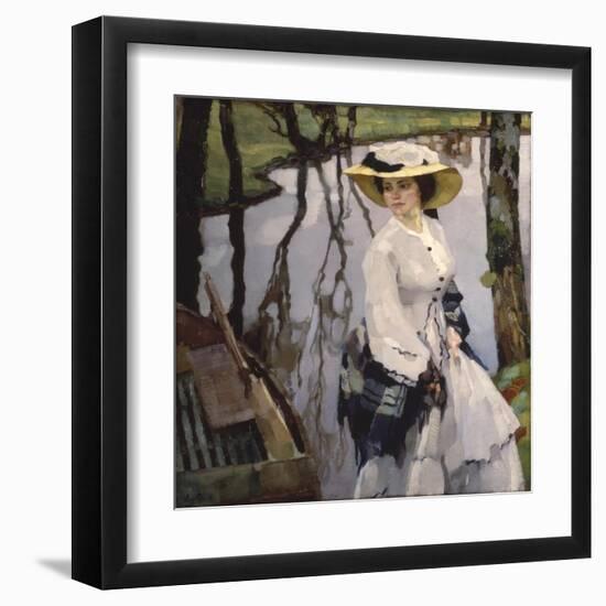 On the Shore (Young Woman Walking on a River Shore)-Leo Putz-Framed Art Print